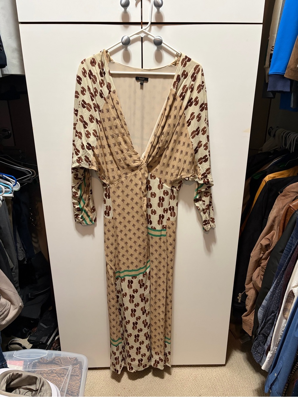 Massimo Dutti Beige Maxi Dress with Brown Print and Green Trim